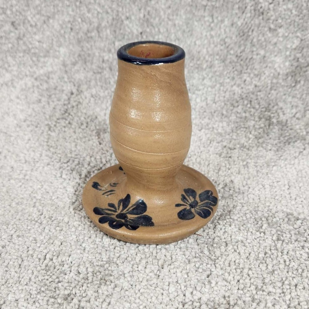 Pottery‎ Candlestick Holder Tan Blue Floral Salt Glaze Primitive